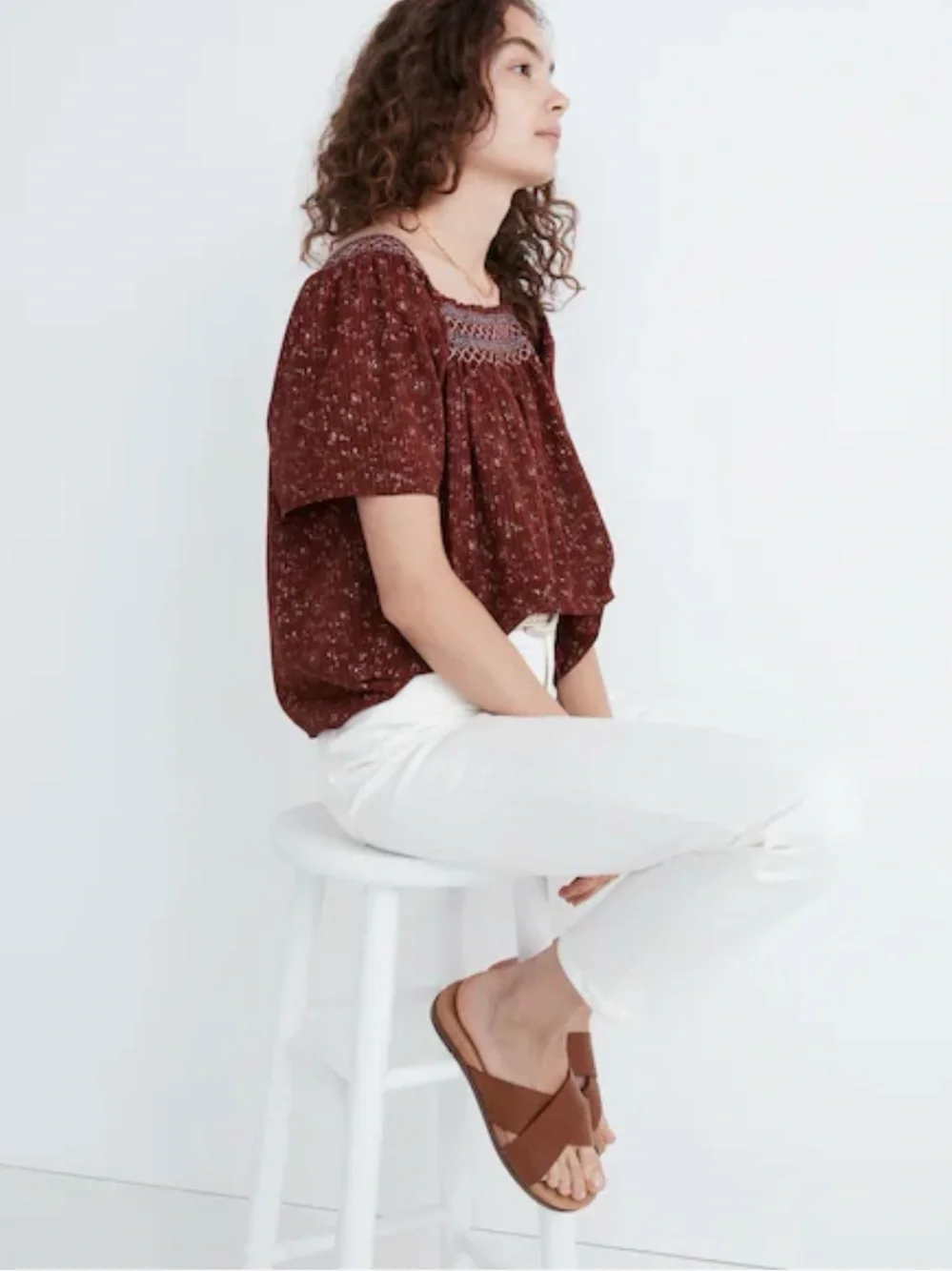 Madewell Rust Smocked Square-Neck Peasant Blouse Women’s L
